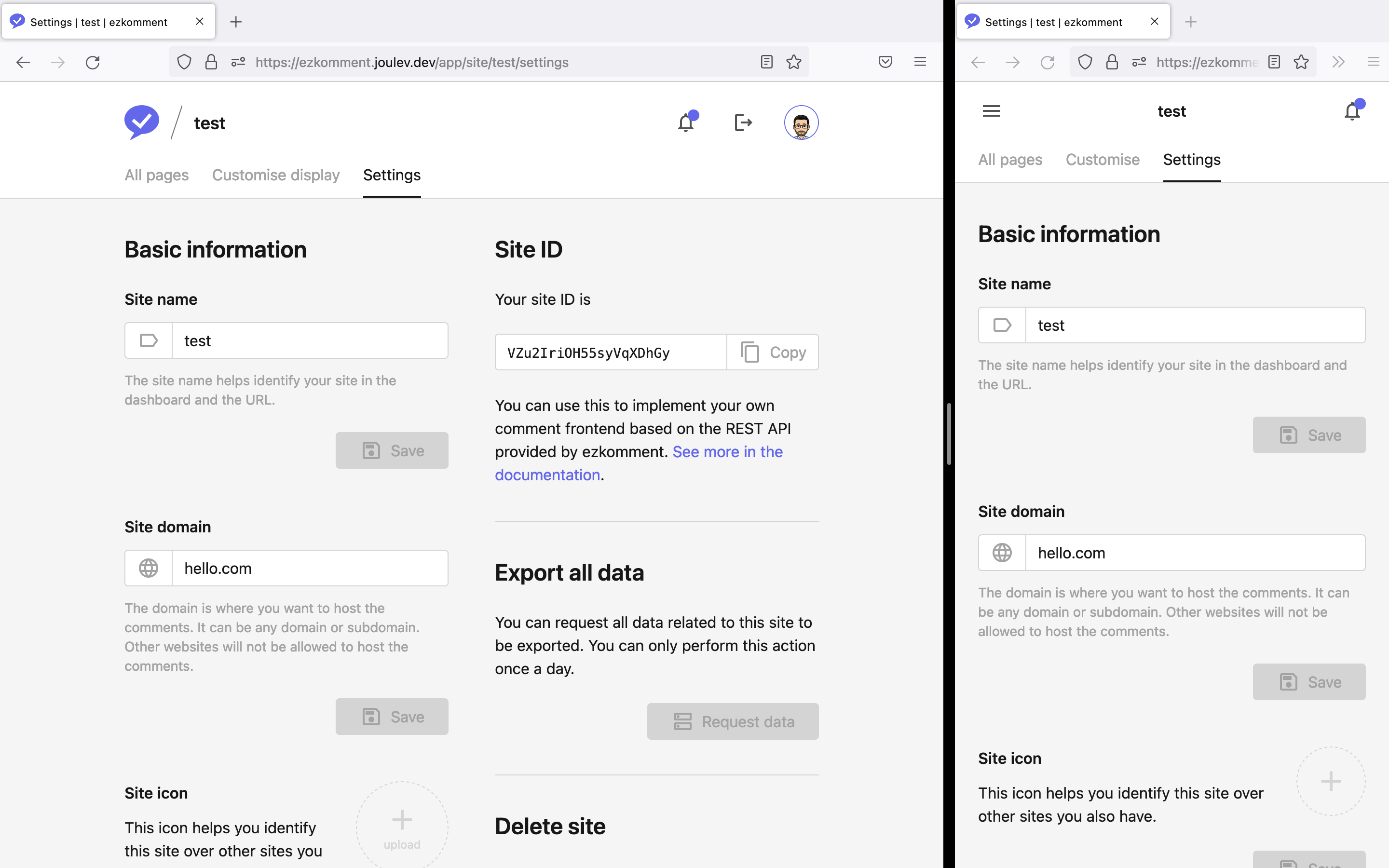 Site settings page